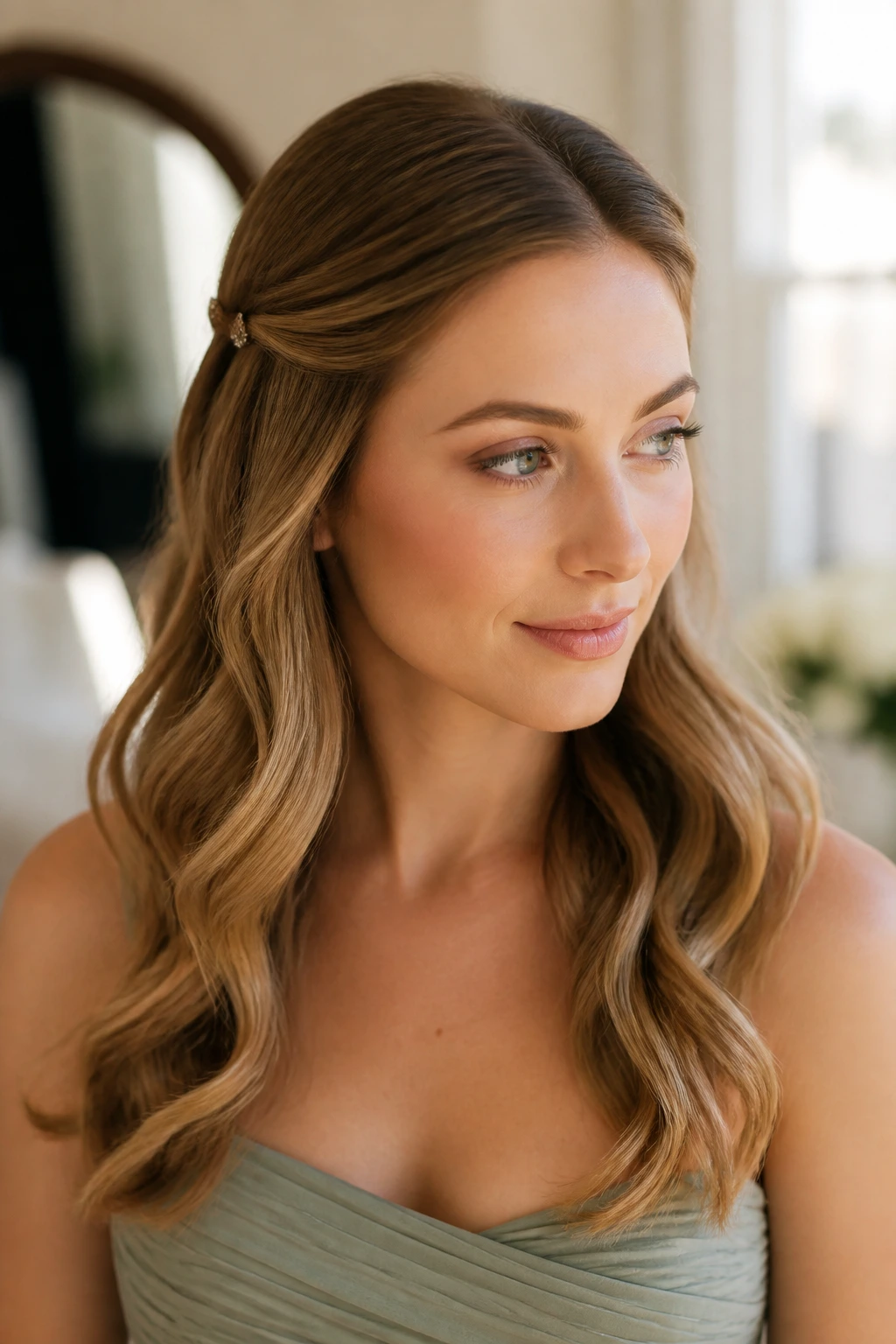 Close-up portrait of a real woman with minimal clip-back waves and clips behind the temples