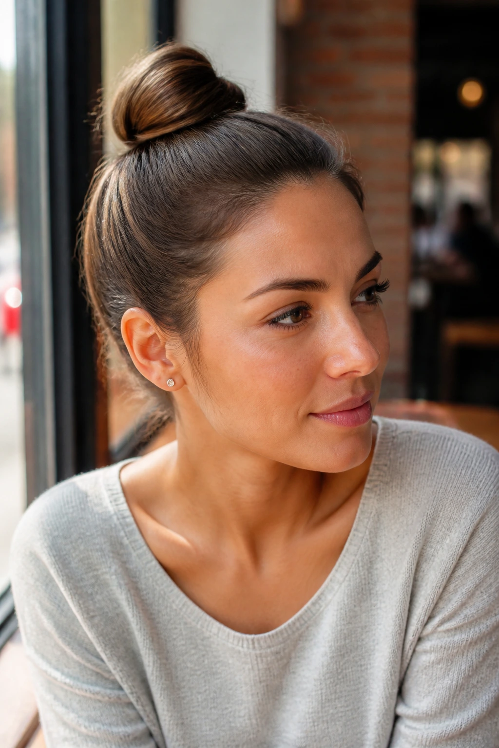 Close-up of a real woman with a simple, minimal knot at the crown.