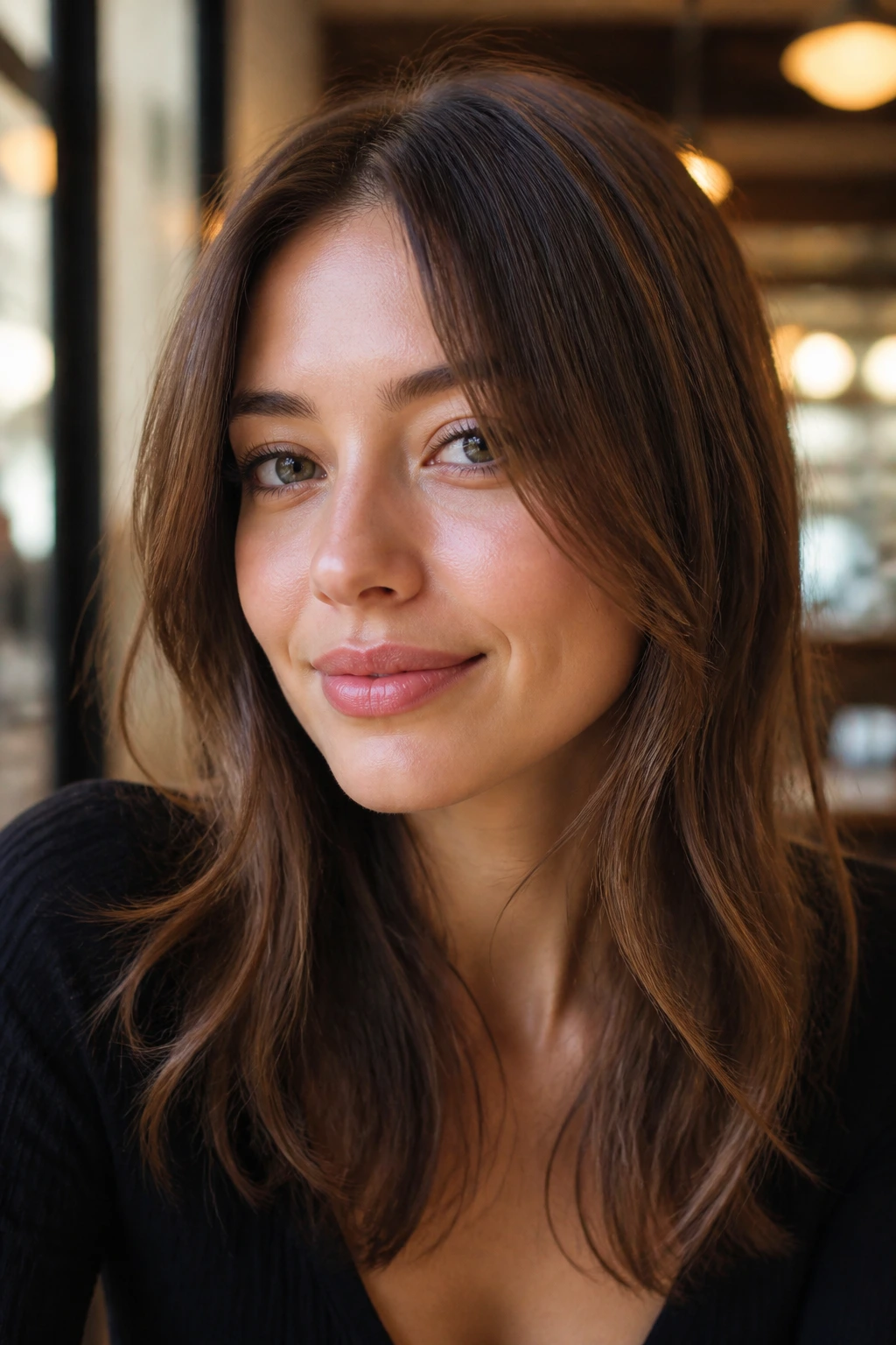 Close-up of a real woman with minimal face-framing layers creating a soft cheek contour