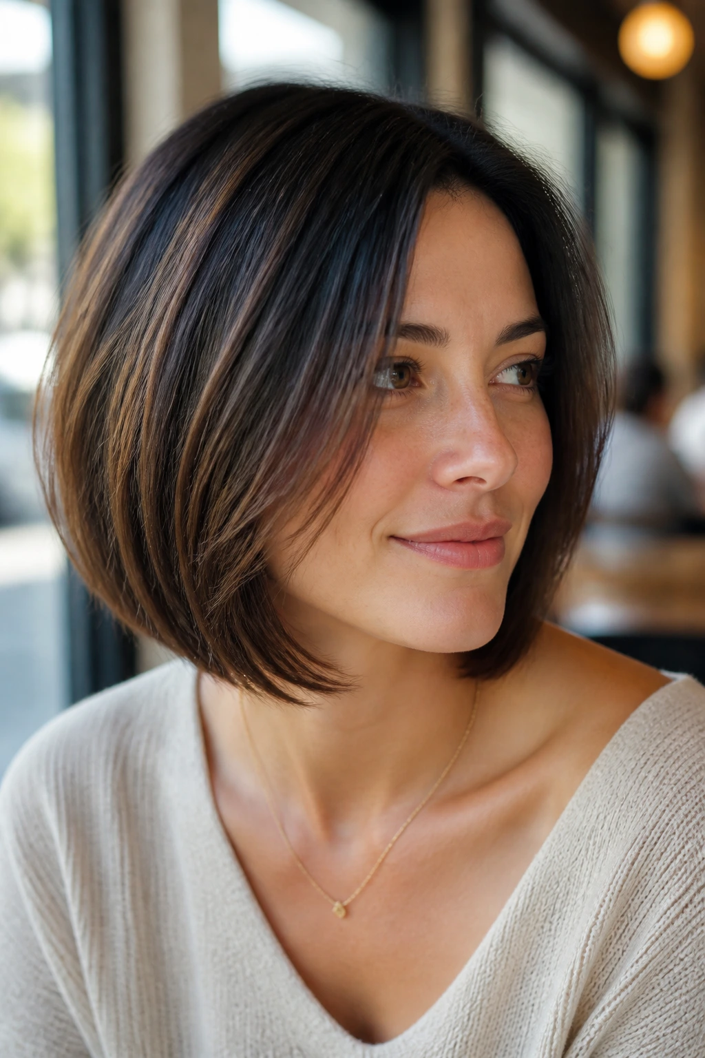 Portrait of real woman with minimal-layer bob in bright cafe window