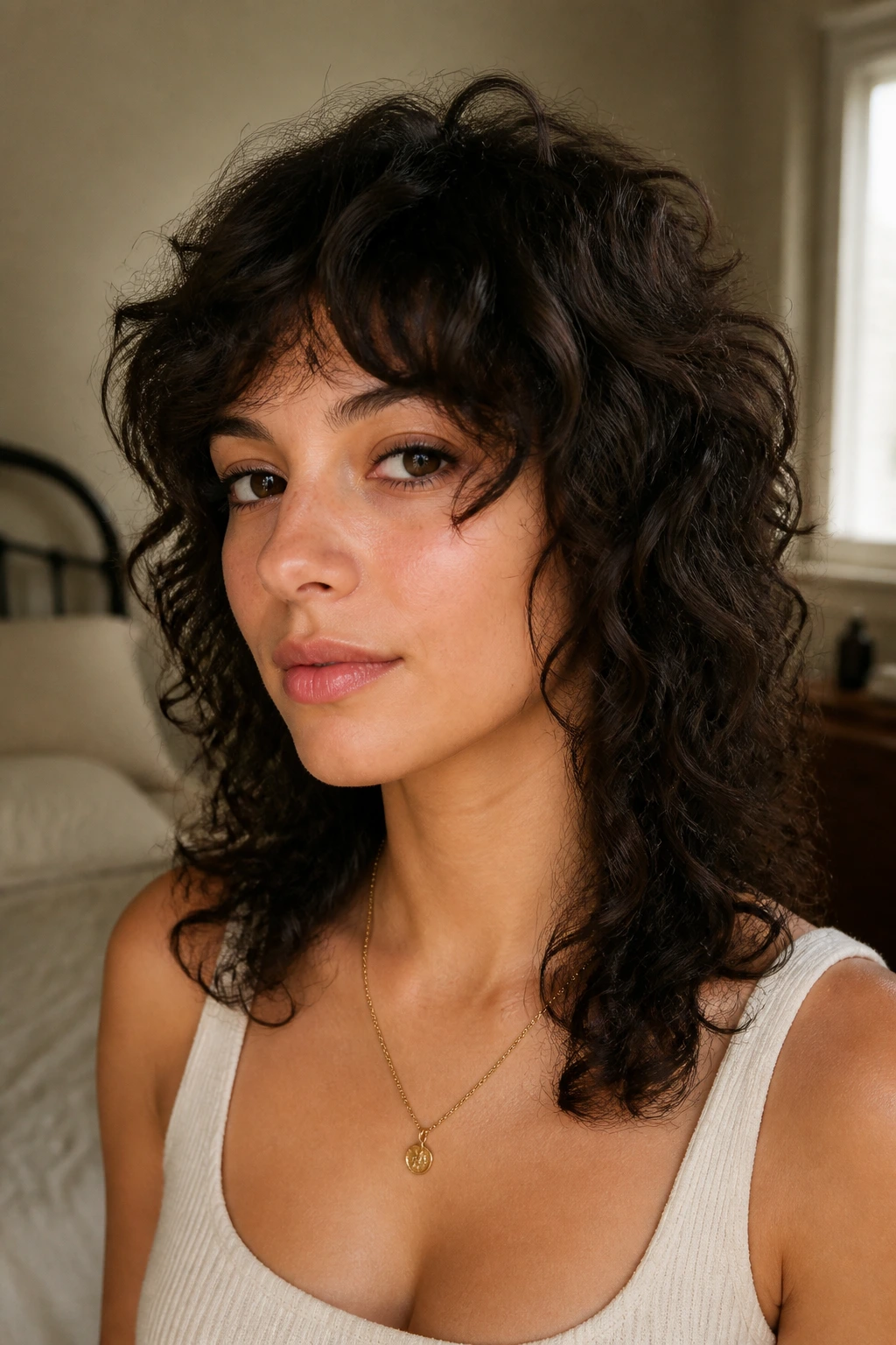 Close-up portrait of a real woman with a subtle minimal-layer curly wolf cut