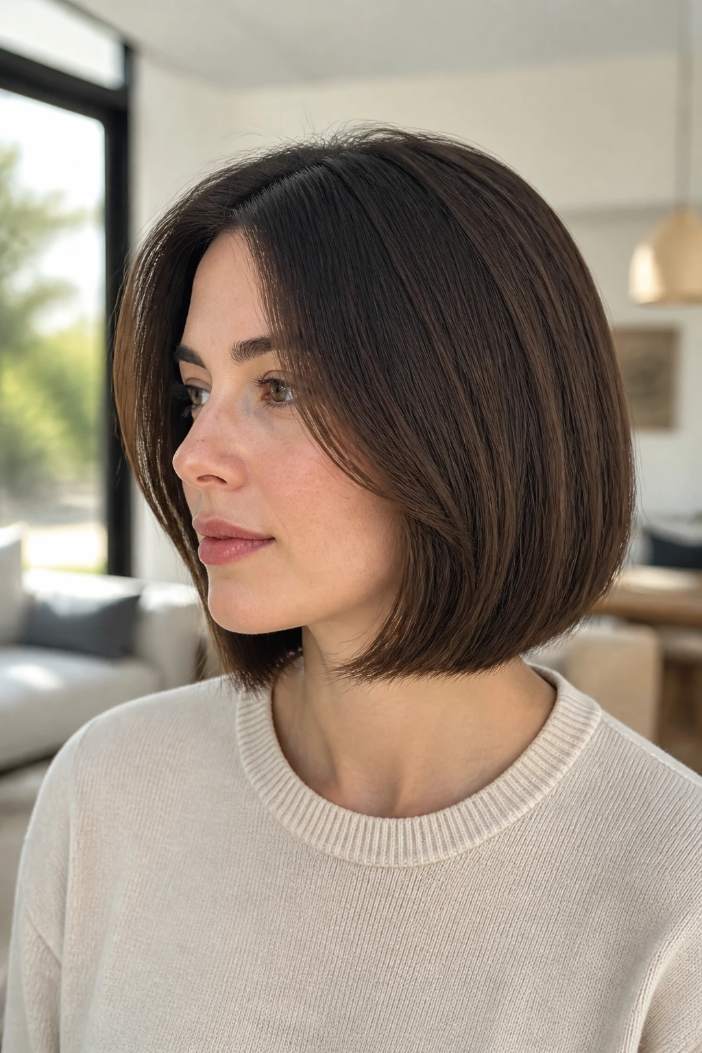 Close-up of a real person with a minimal-layer everyday bob in natural light.