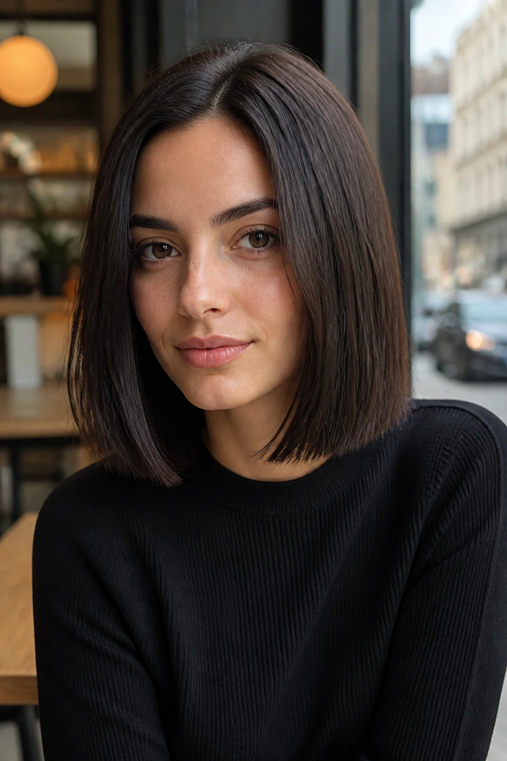 Close-up portrait of a real woman with a minimal-layer long bob in natural cafe window light.