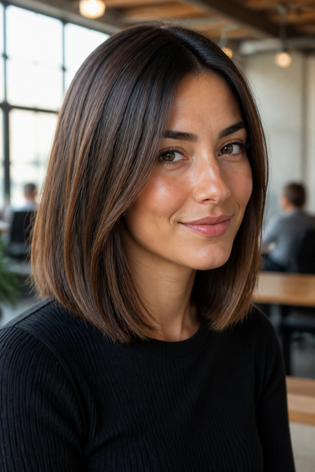 Close-up portrait of a real woman with a minimal-layer lob in bright natural light
