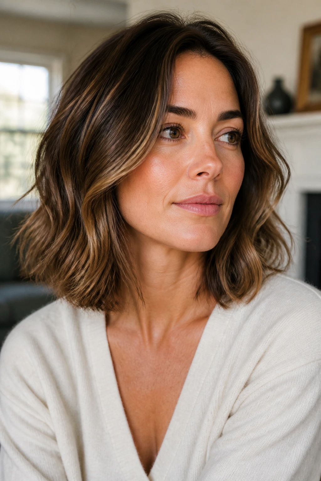 Close-up of a real woman with a shoulder-length minimal-layer lob and soft waves