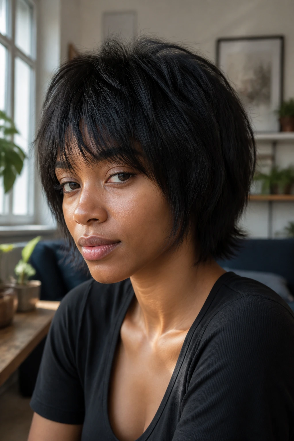 Close-up of Minimal-Layer Shag for Fine Black Hair on a real person with blunt-weight ends