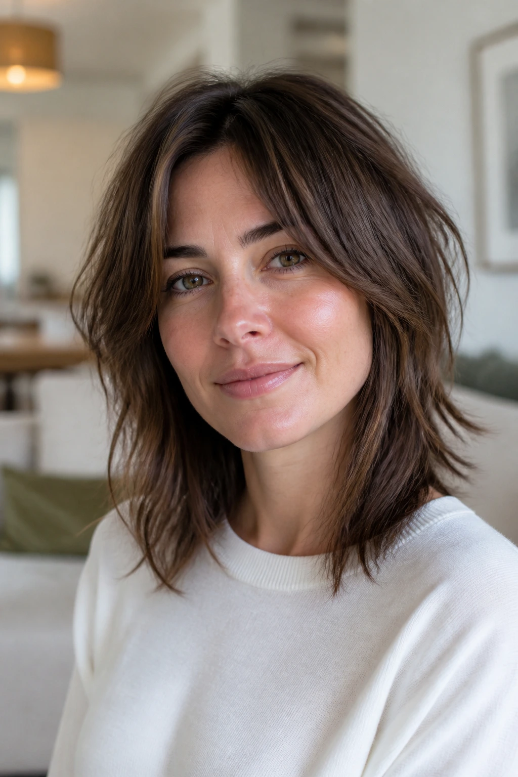 Close-up of a real woman with subtle internal layering and a preserved perimeter