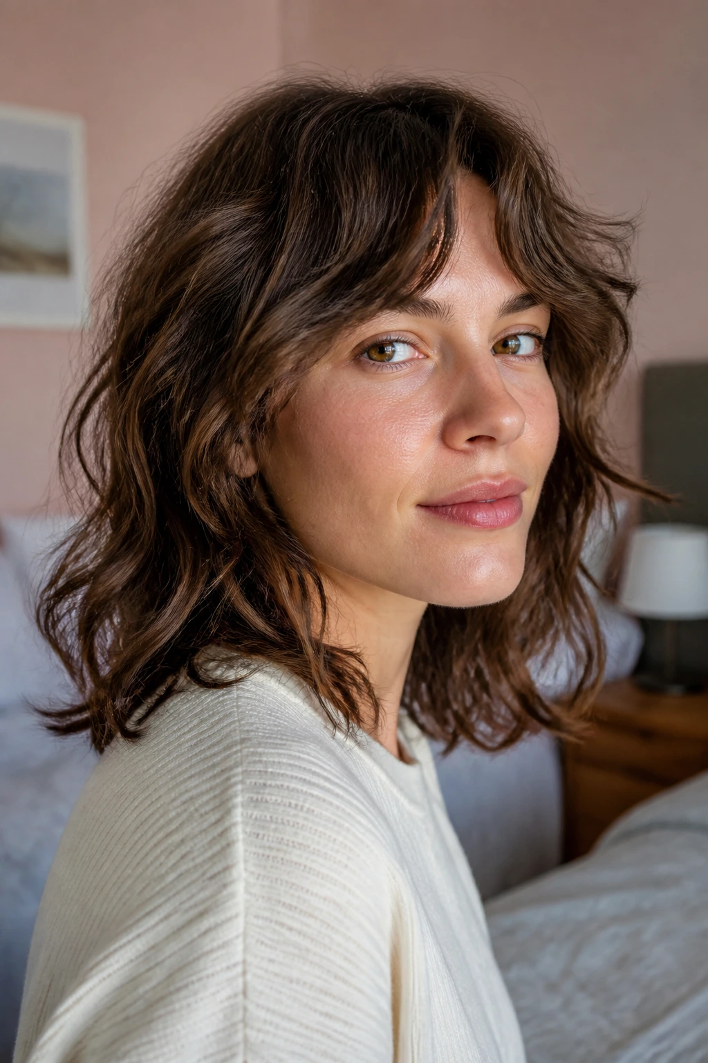 Real person with minimal-layer shag and loose waves.