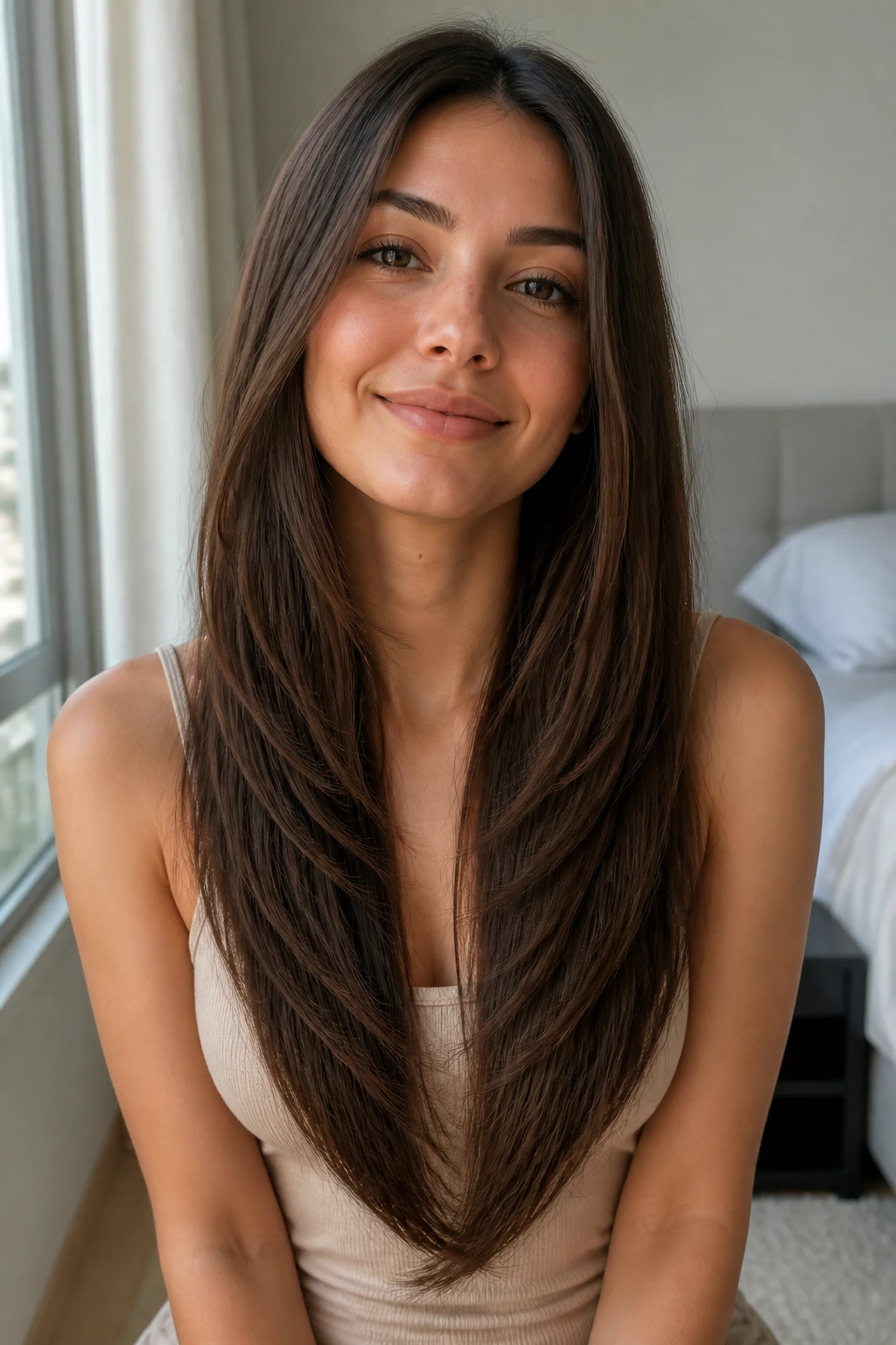 Portrait of a real woman with minimal-layer V cut