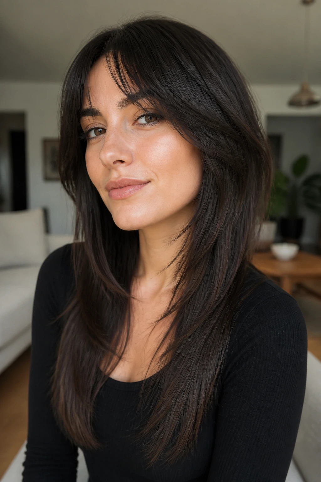 Close-up portrait of a real person with minimal layer wolf and long ends in a chic living room setting.