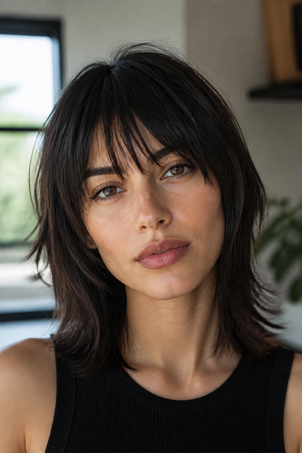 Close-up of a real person with a minimal layer wolf cut