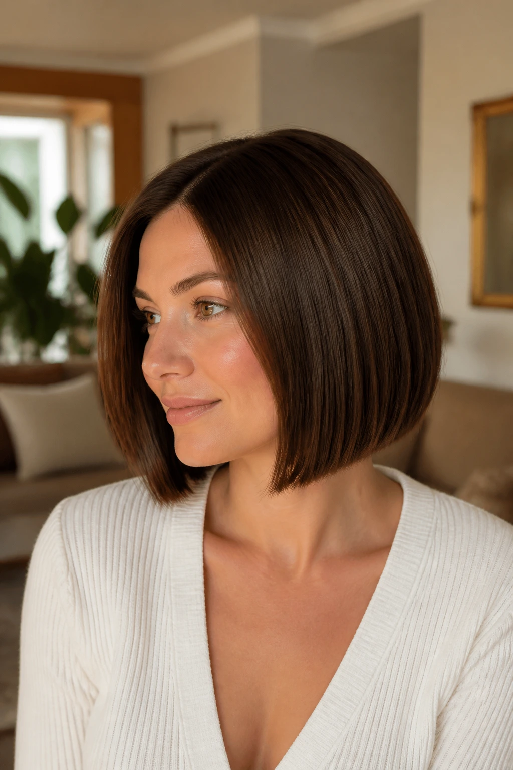 Medium close-up of a real woman with a minimal layered bob showing subtle internal layers.