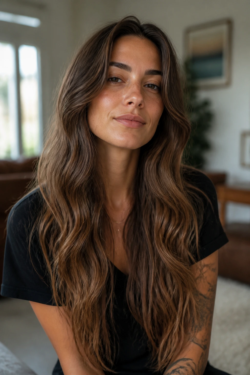 Close-up of a real woman with long waves and minimal layers for sleek length