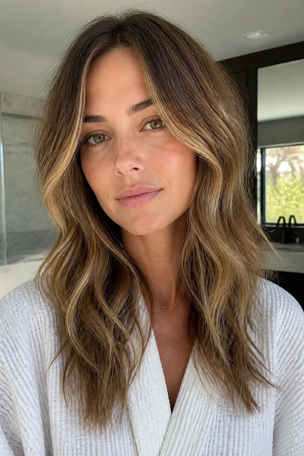 Portrait of a real person with minimal layers on wavy hair in natural light