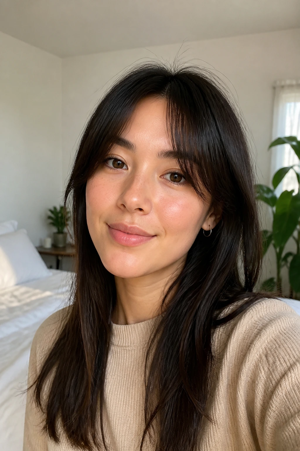 Close-up of a real woman with split fringe in natural light