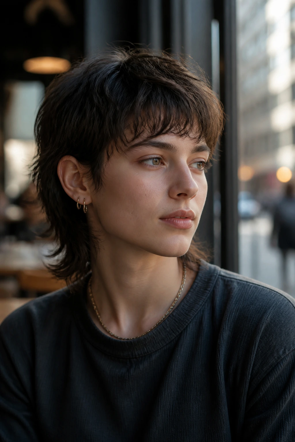 Close-up portrait of person with minimal shoulder-length mullet in a modern setting