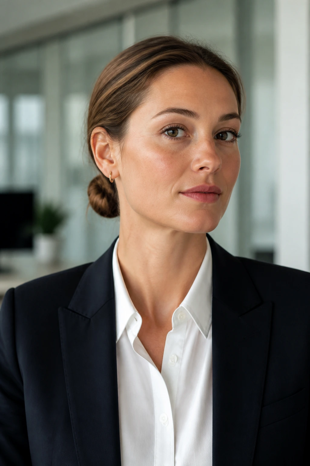 Close-up of a real woman with a minimal nape knot