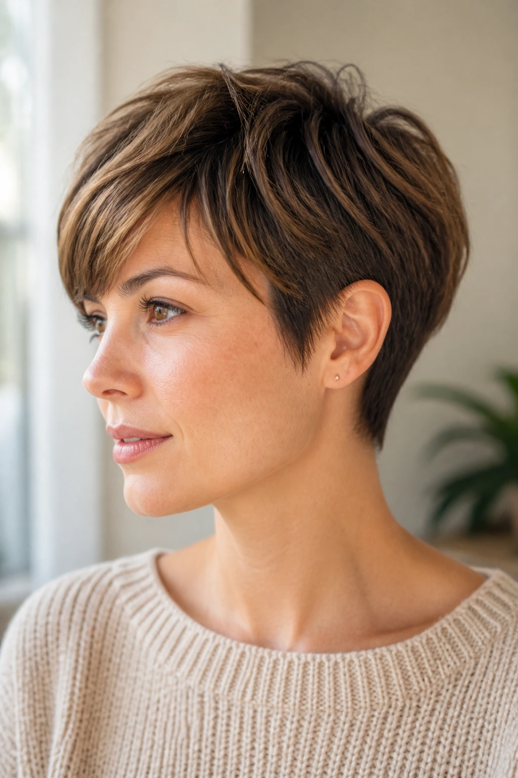 Close-up portrait of a real person with Minimal-Product Pixie Bob showing natural texture