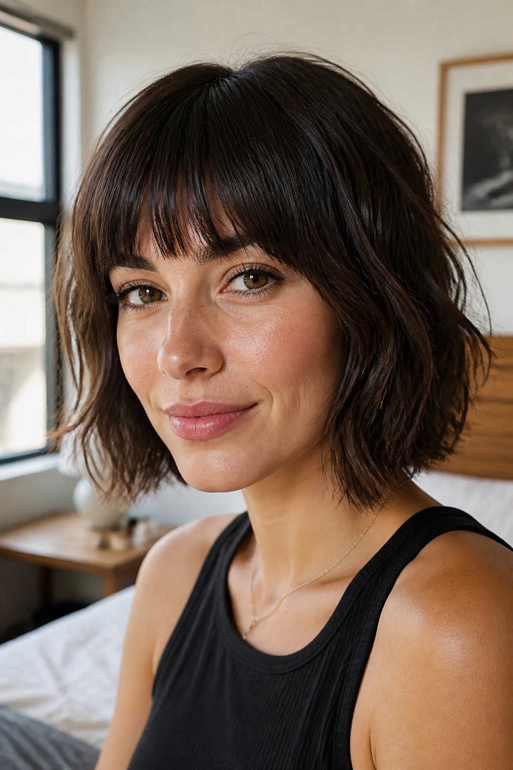 Close-up portrait of a woman with minimal shag bob and straight-across bangs.