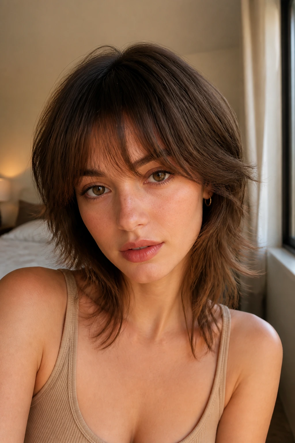 Close-up of a real person with minimal shag and subtle cheek-framing layers