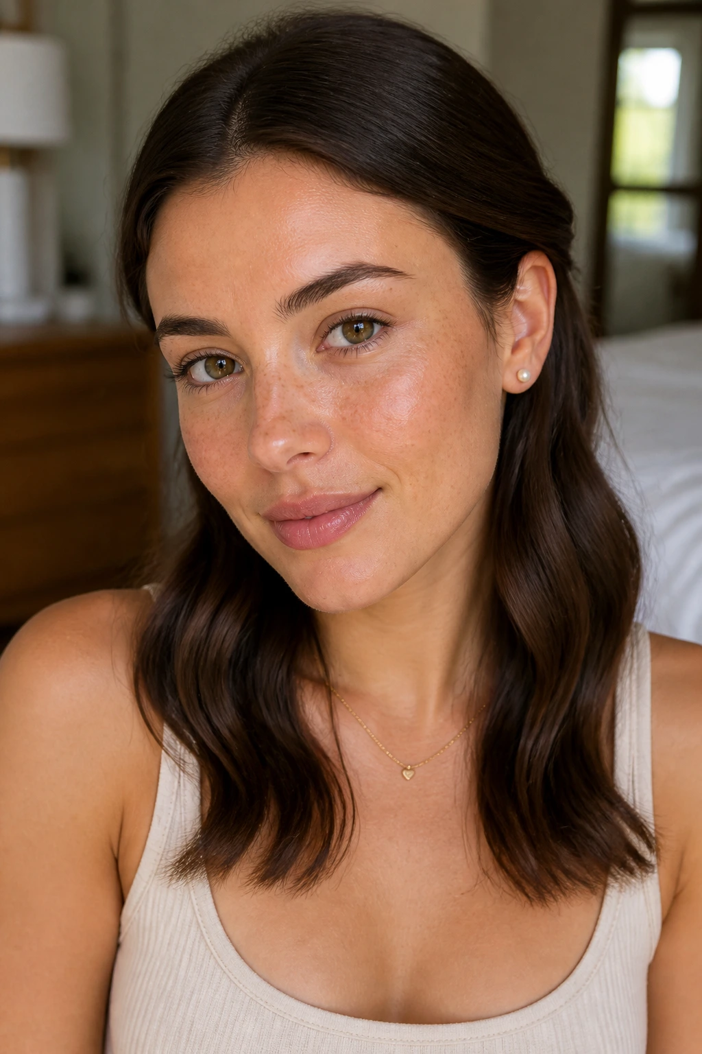 Close-up of a real woman with minimal tucked-behind-ear waves under warm window light
