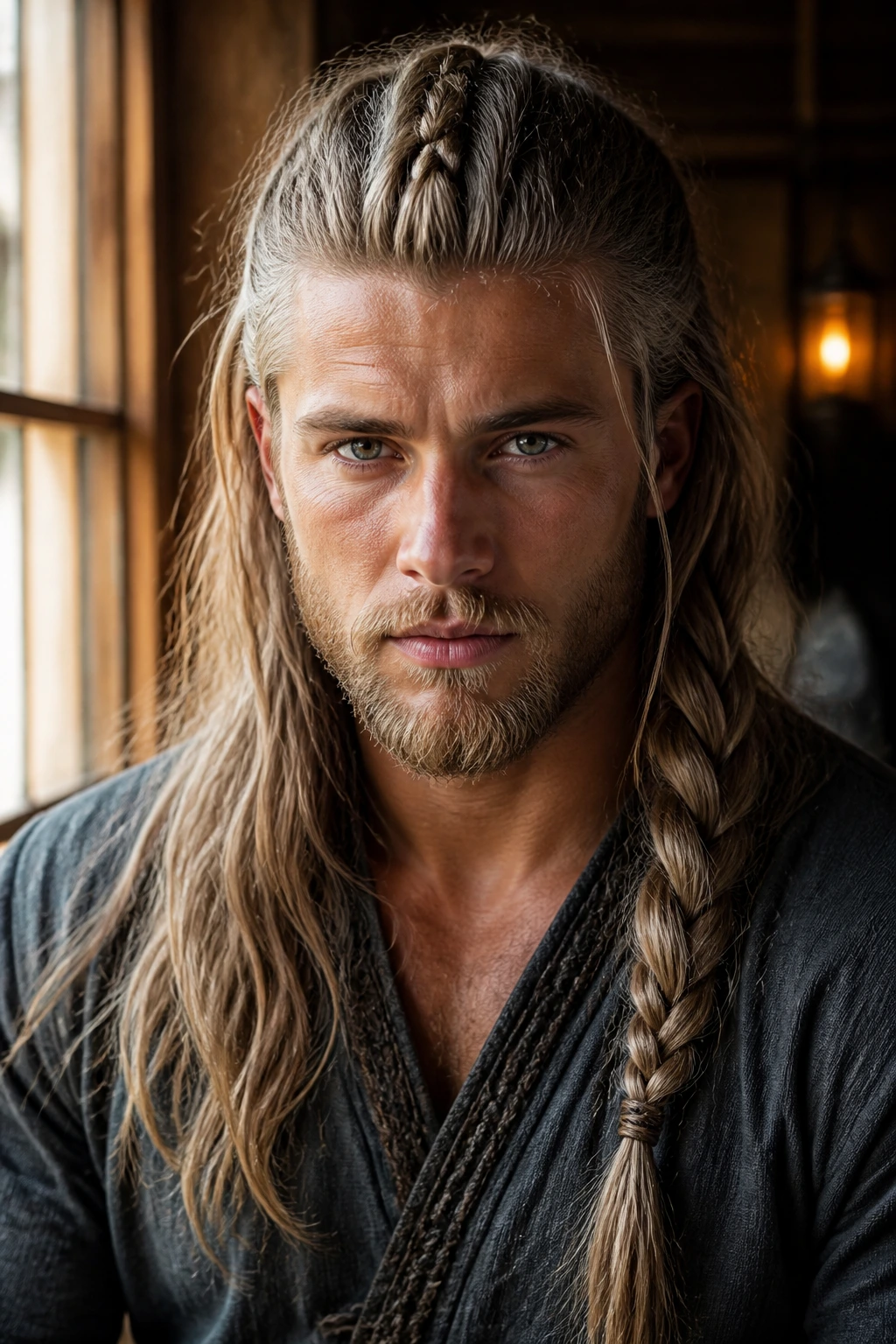 Close-up of a real person with long Viking-inspired minimalist braid in warm window-light setting