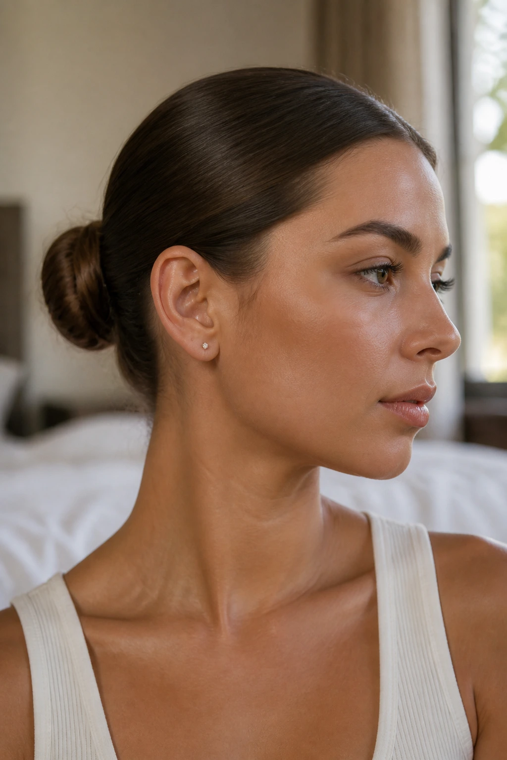 Portrait of a real woman with a minimalist, clean low bun