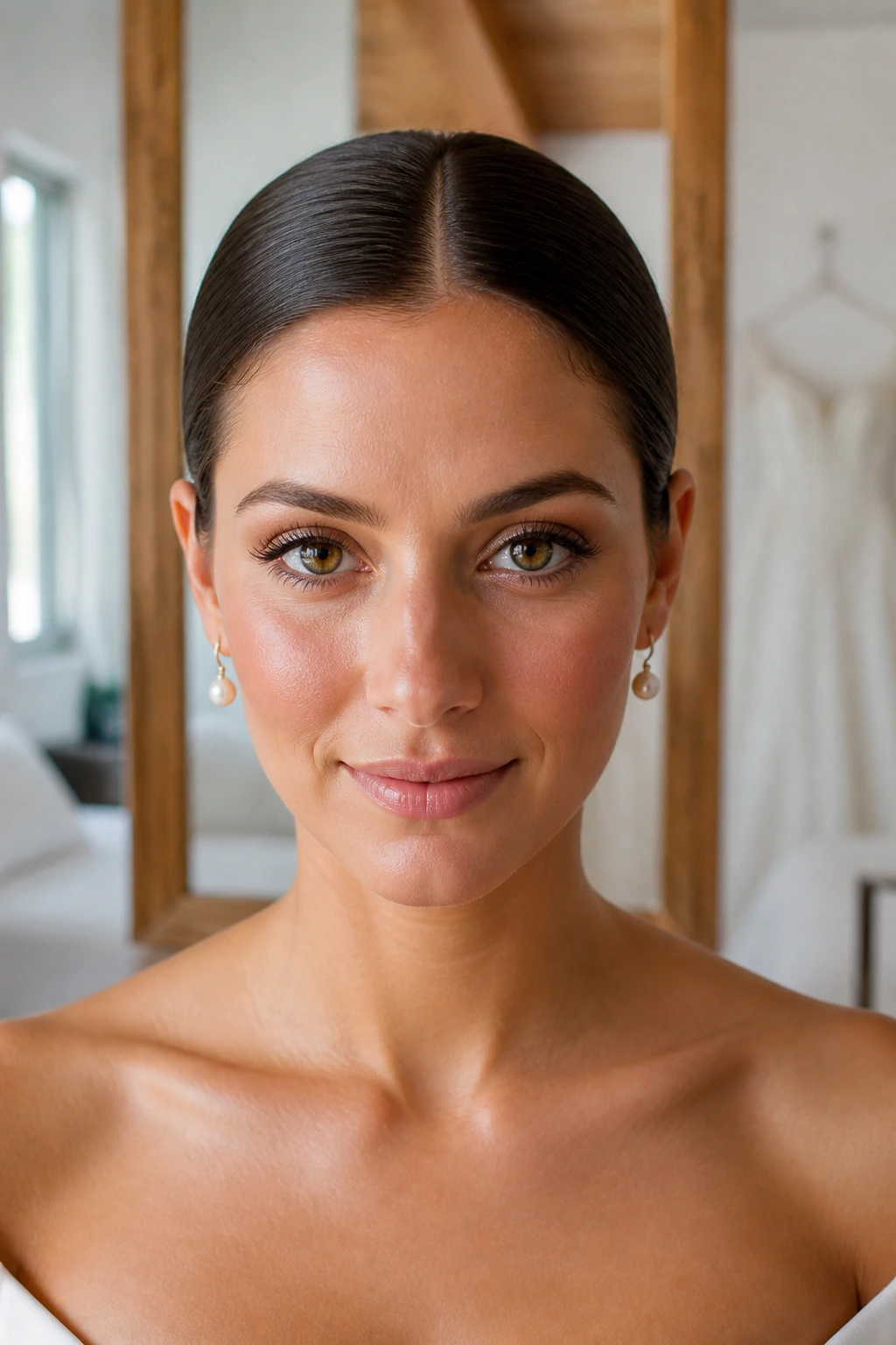 Close-up of a real bride with a minimalist center-part bun hairstyle