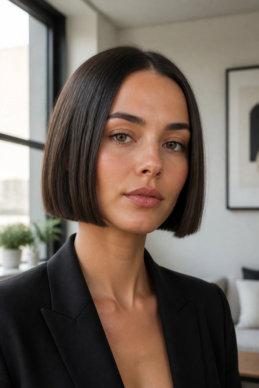 Close-up of a real woman with a minimalist chin-length blunt bob in bright natural light