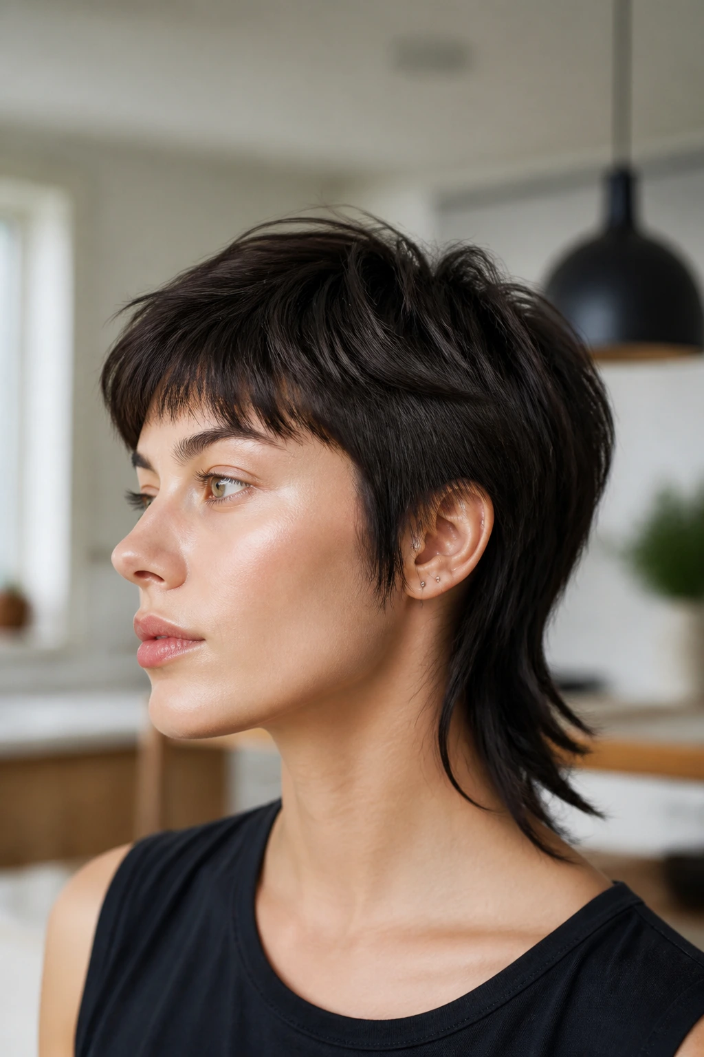 Close-up portrait of a person with minimalist clean mullet in bright kitchen light