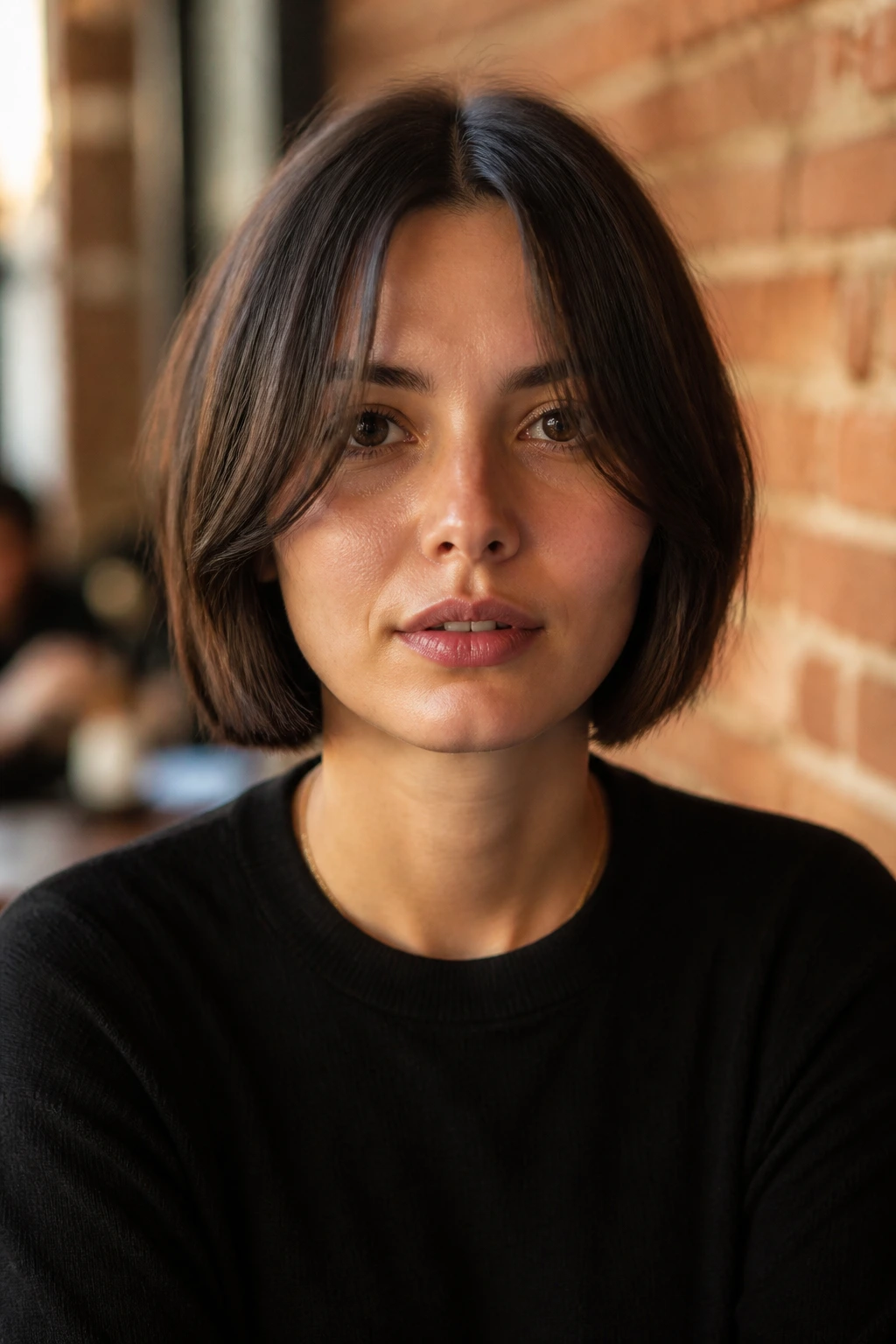 Portrait of a real person with minimalist crop and long split curtain bangs in a cafe setting