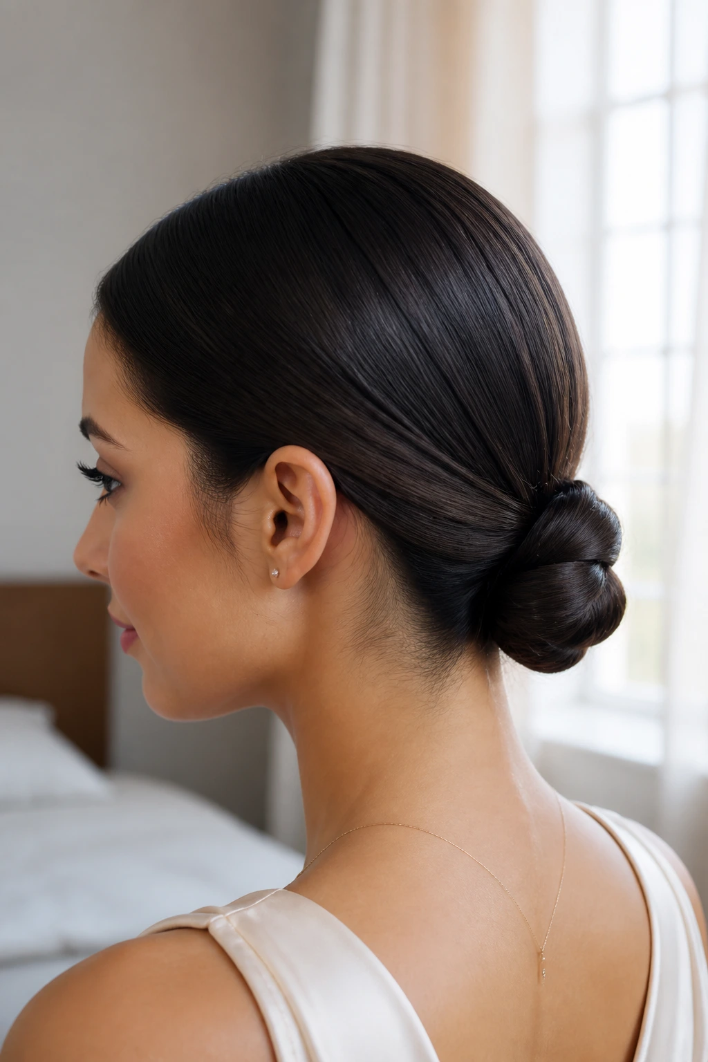 Close-up of a real woman with a minimalist sleek knot at the nape