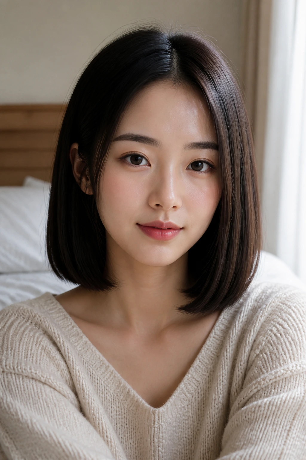 Close-up of a real woman with a minimalist lob for fine straight hair