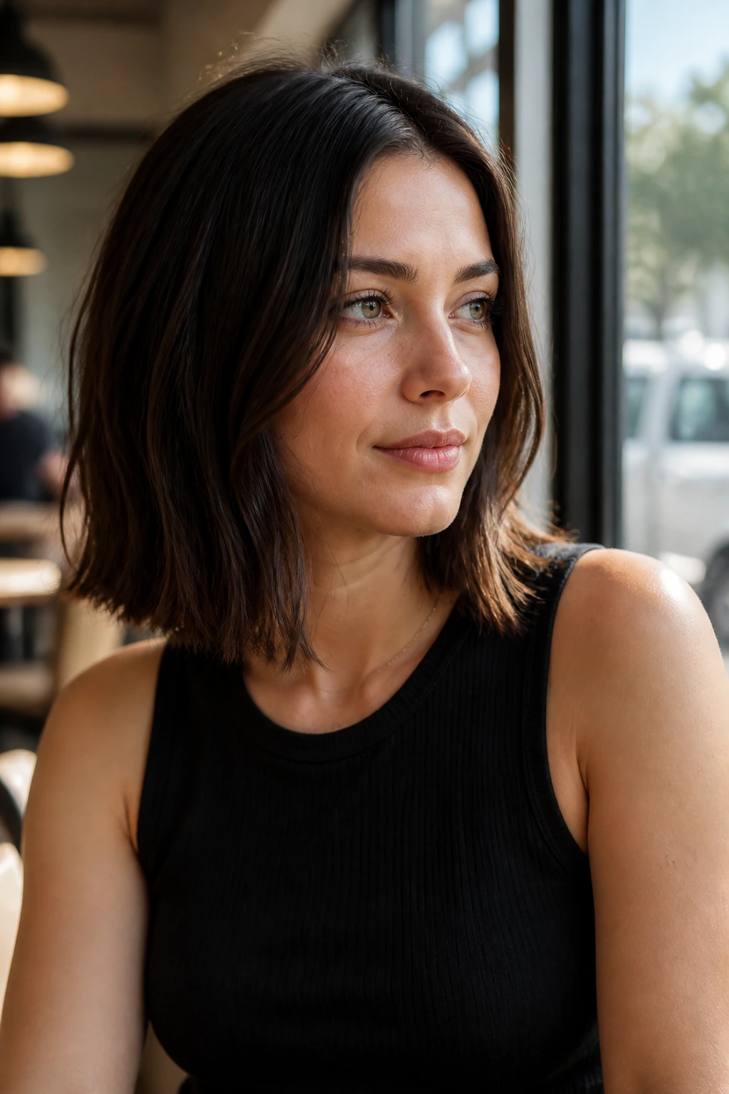 Close-up portrait of a real woman with a minimalist lob showing subtle movement in natural light.