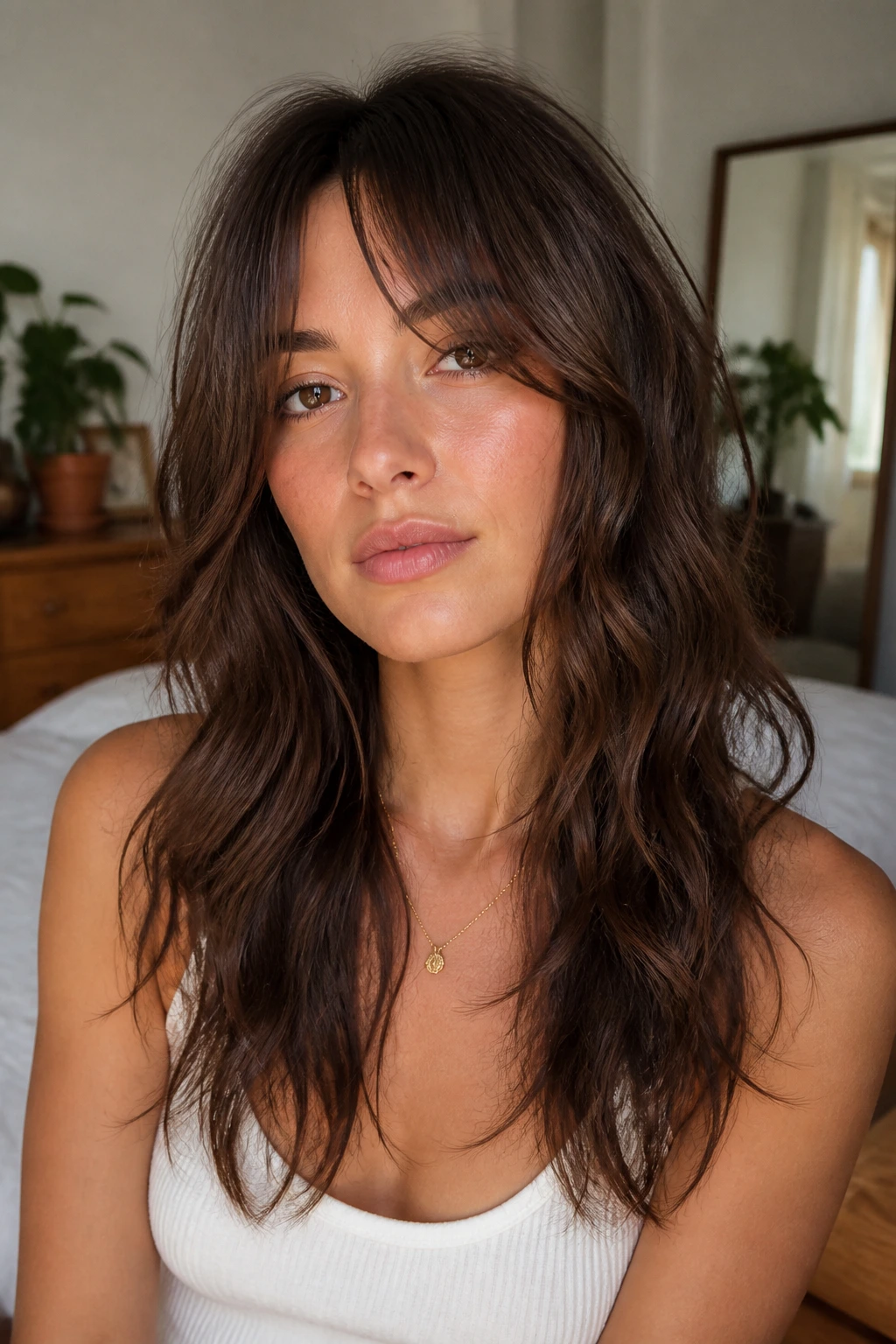 Close-up portrait of a real woman with minimalist long shag showing sparse layers and soft waves