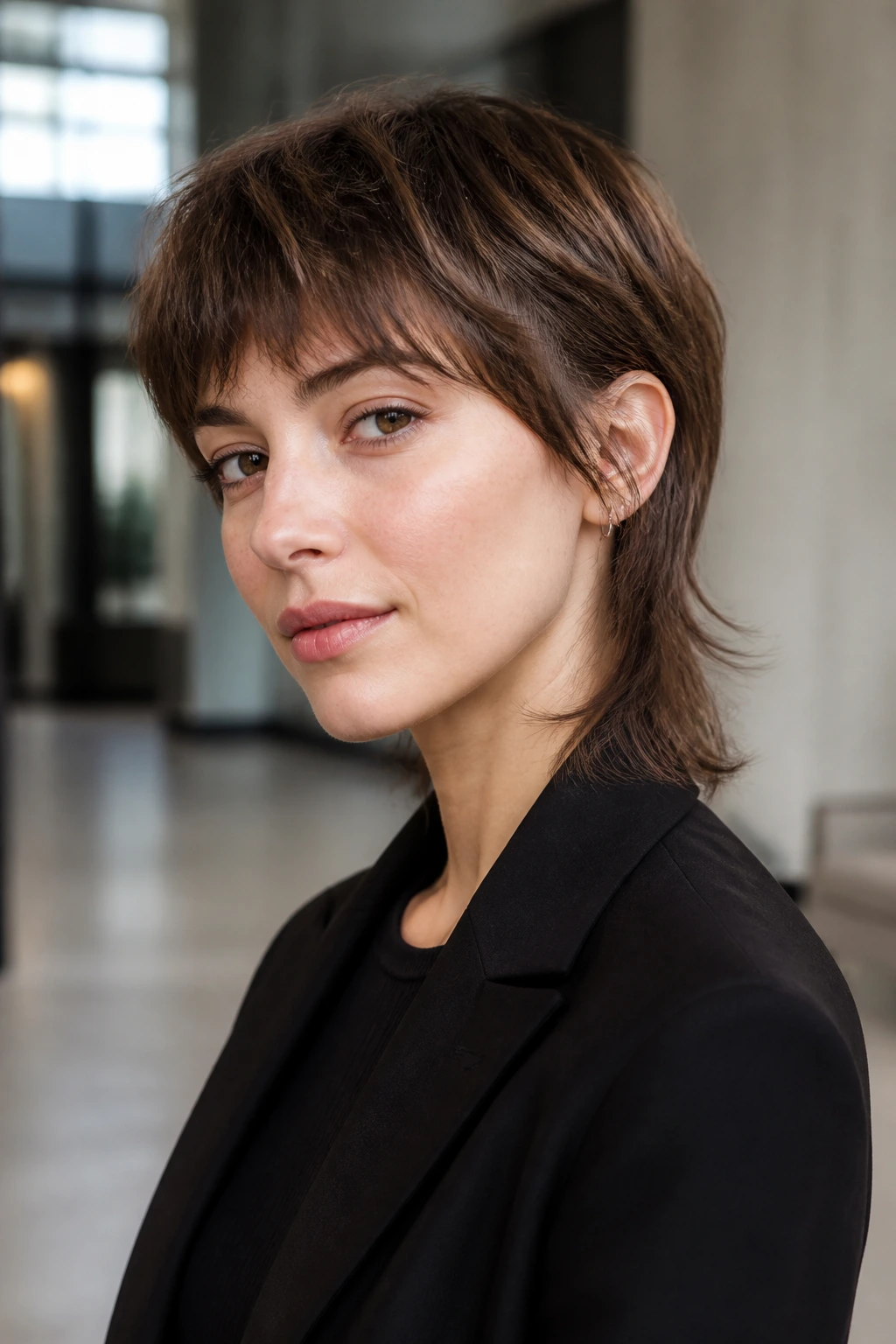 Portrait of a person with a minimalist mullet showing clean lines and subtle layering.