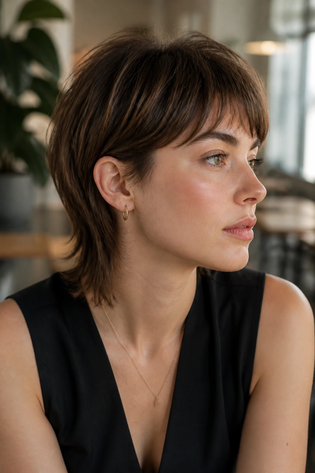 Close-up portrait of a real person with minimalist mullet and clean perimeter
