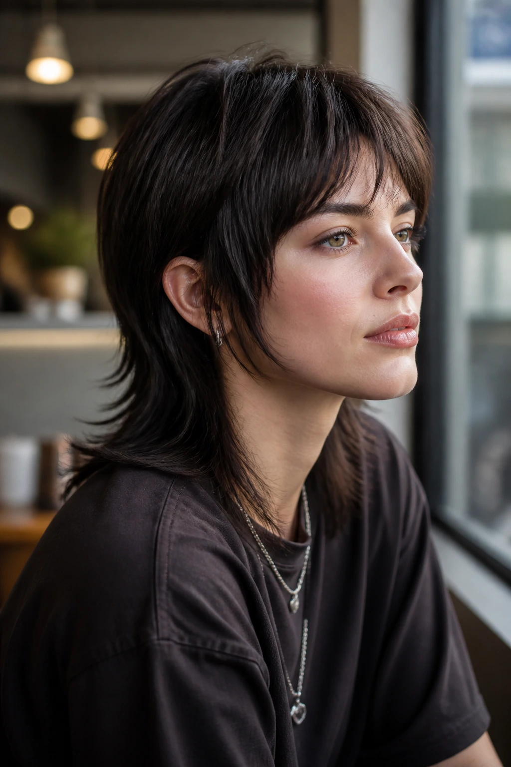 Close-up portrait of a real person with minimalist mullet in a bright cafe