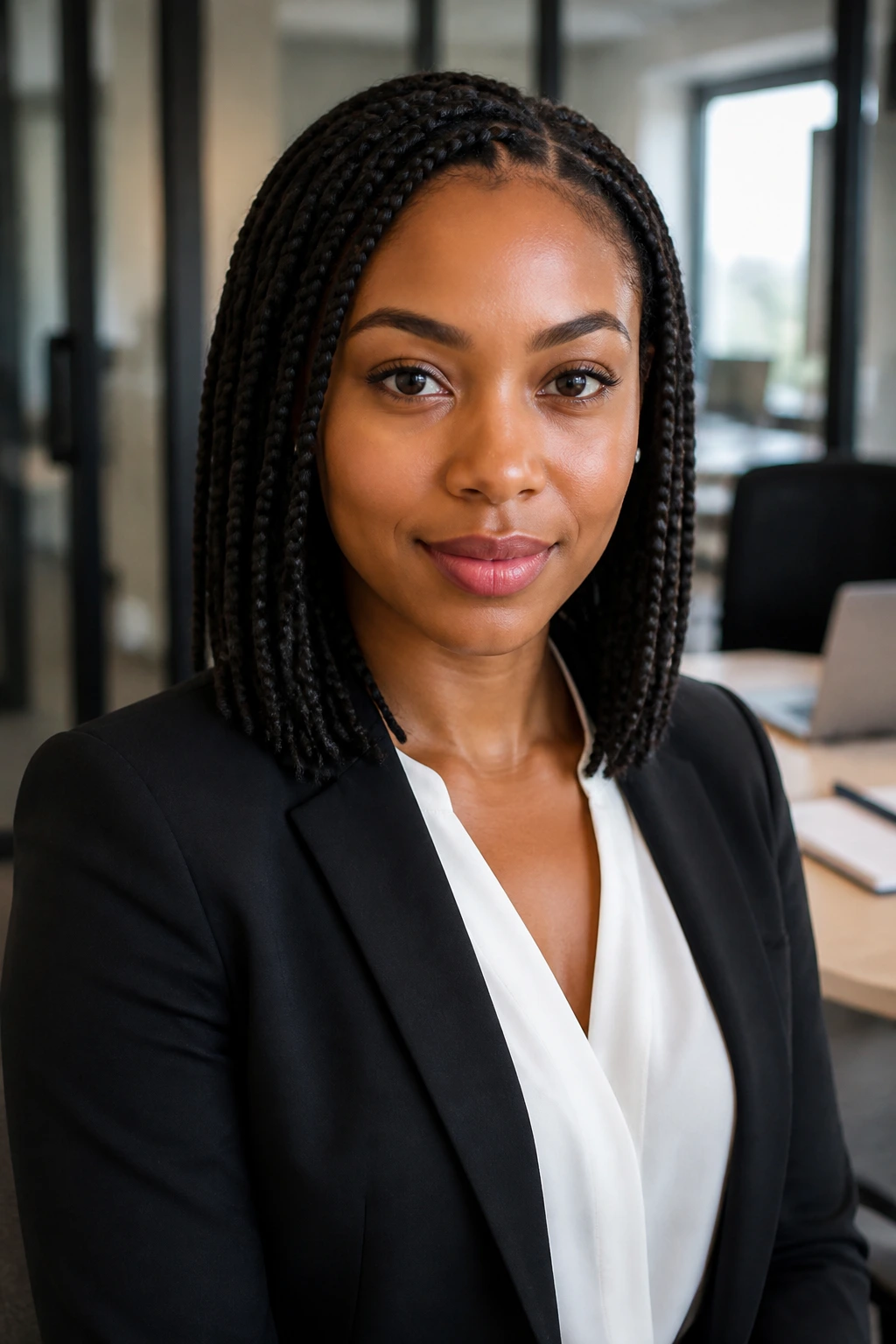 Close-up portrait of a real person with minimalist office braids
