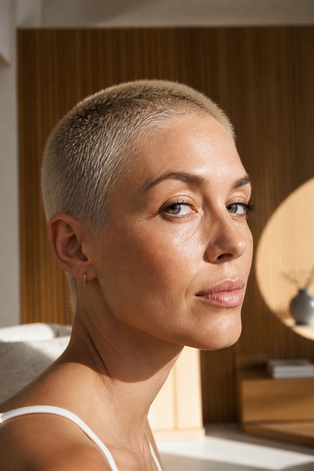 Real woman with minimalist close crop pixie in warm living room light