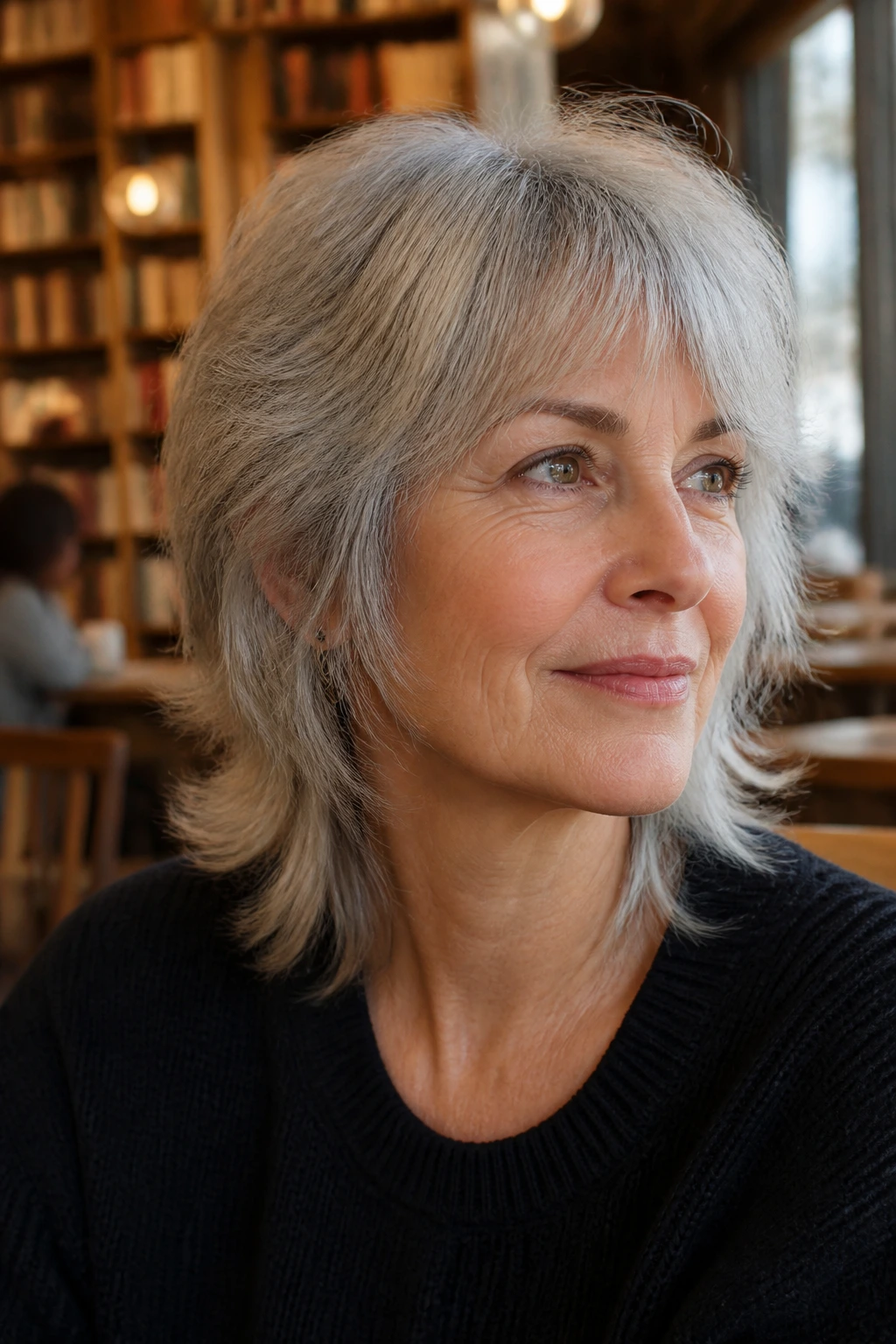 Close-up of a real woman with minimalist shag and barely-there layers in a cafe setting