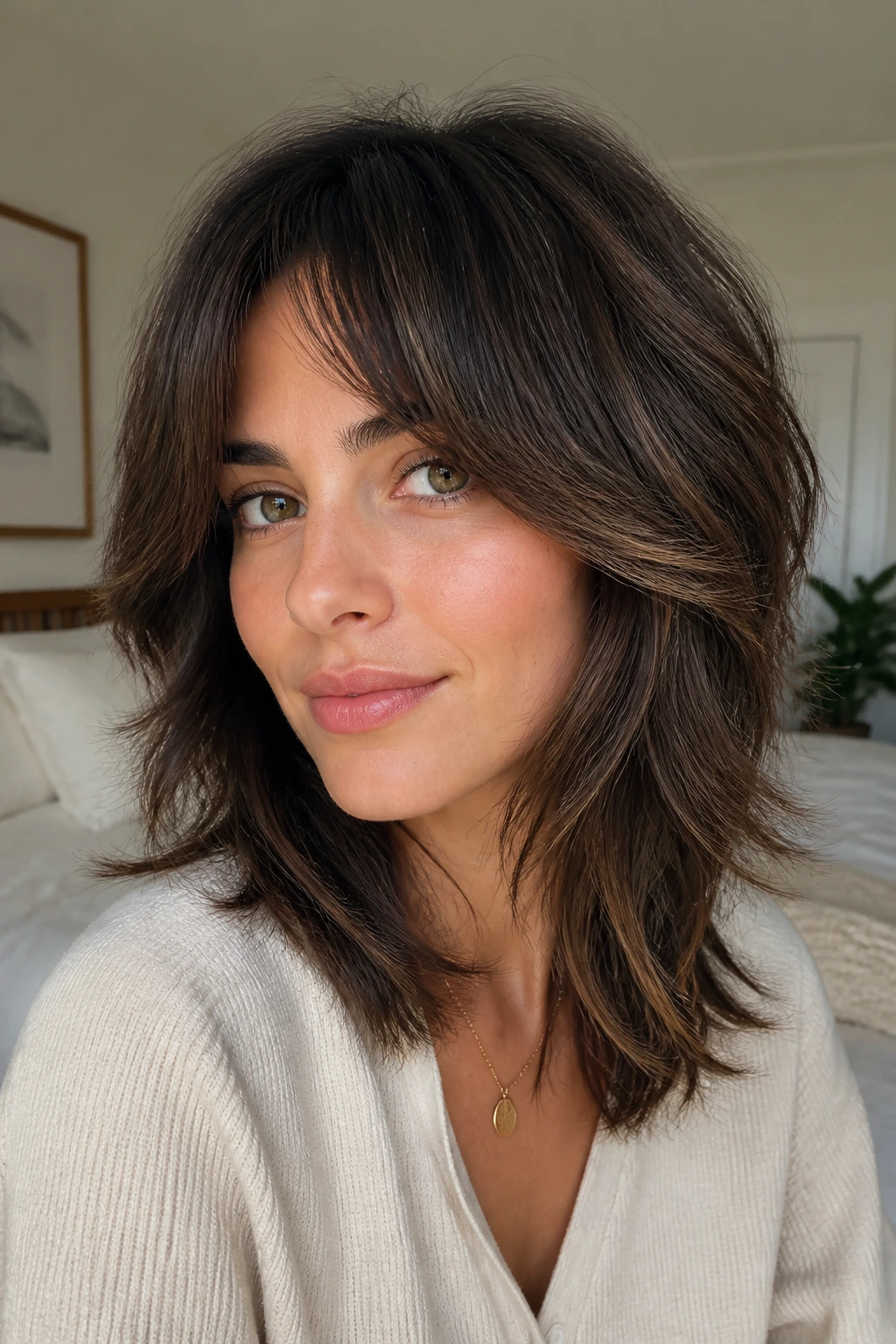 Close-up of a real woman with minimalist shag and beige highlights