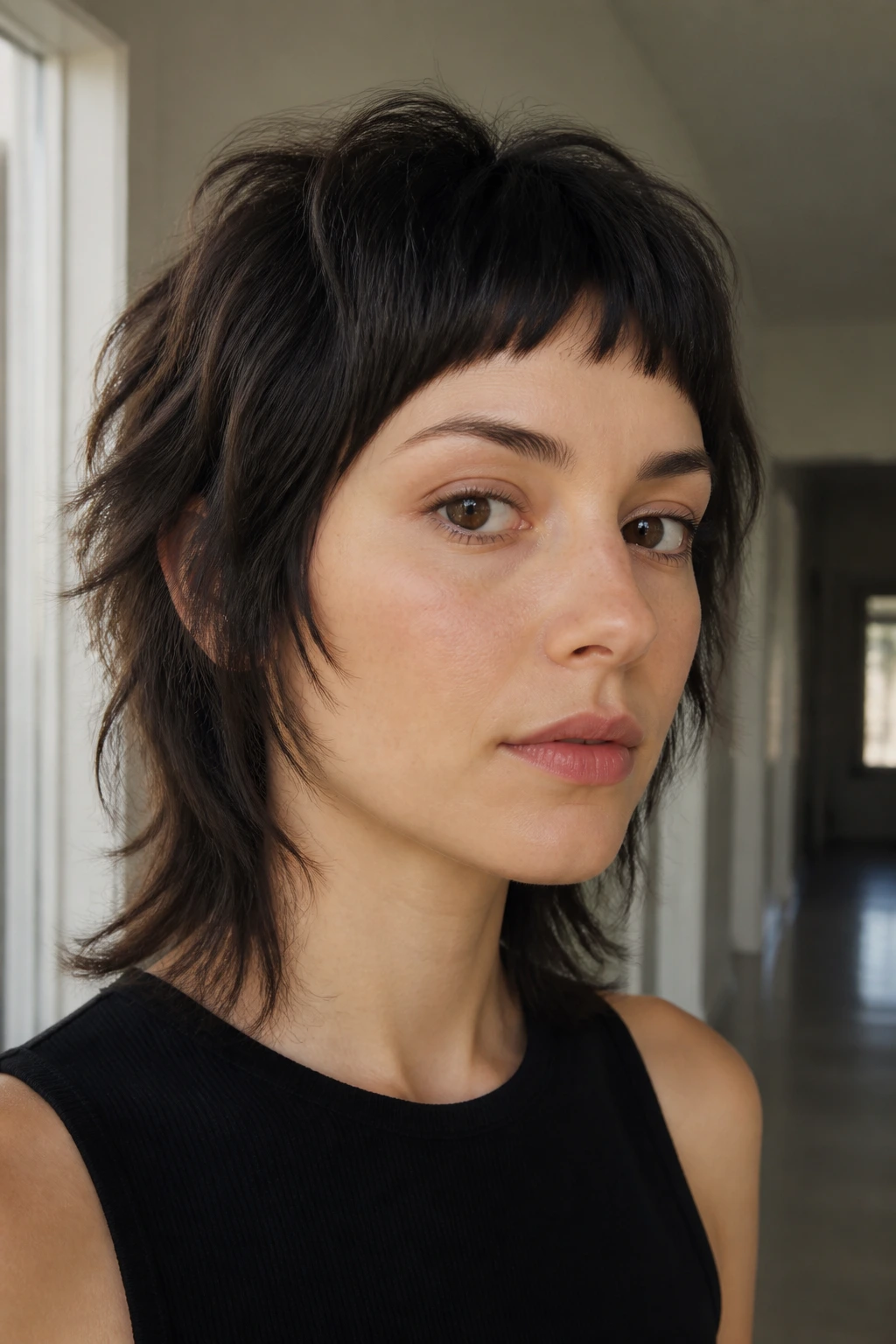 Portrait of a woman with minimalist shag and micro bangs