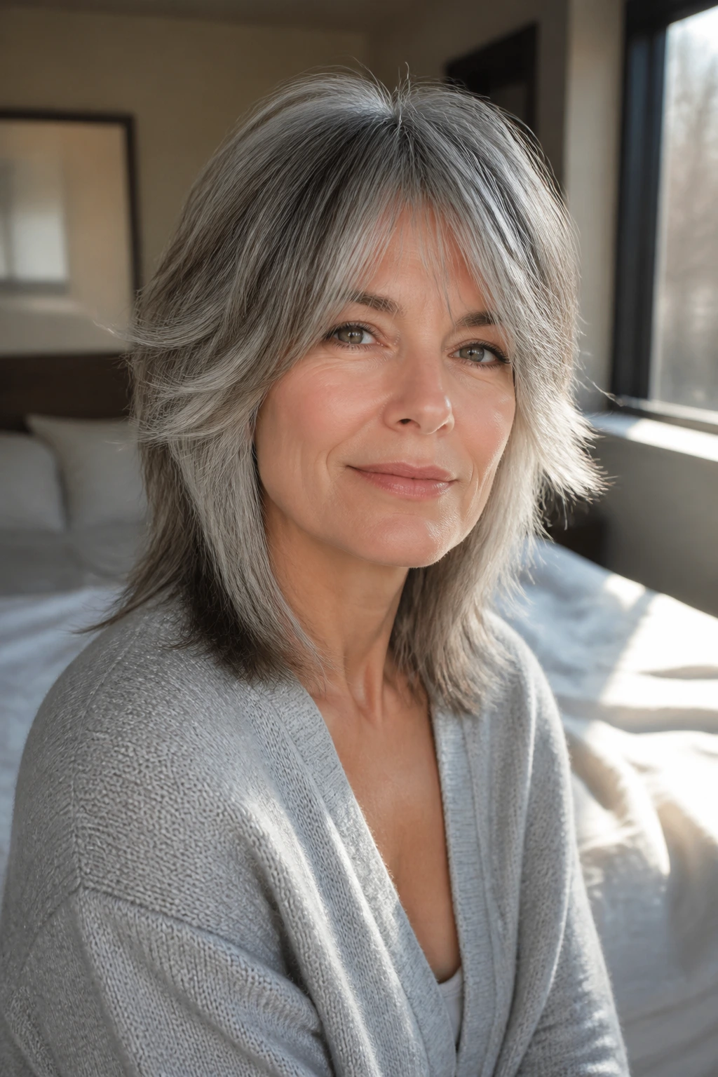 Close-up of real woman with minimalist low-maintenance shag