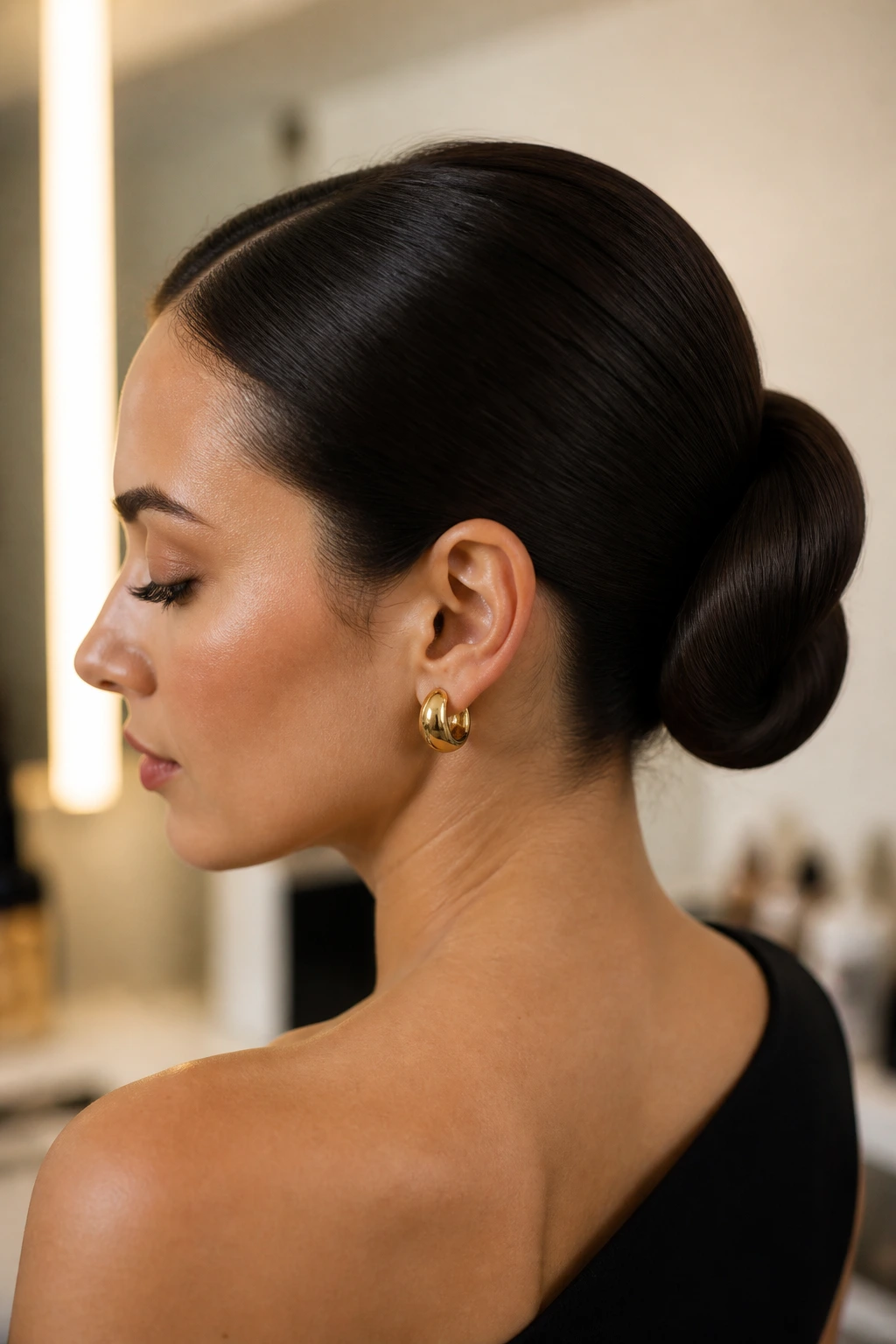 Close-up of a minimalist sleek chignon with a flawless smooth bun