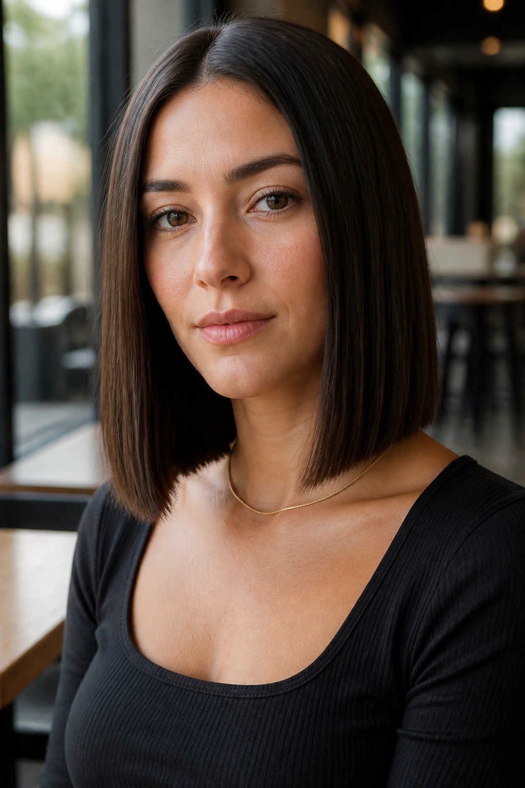 Portrait of a person with a minimalist straight cut hairstyle