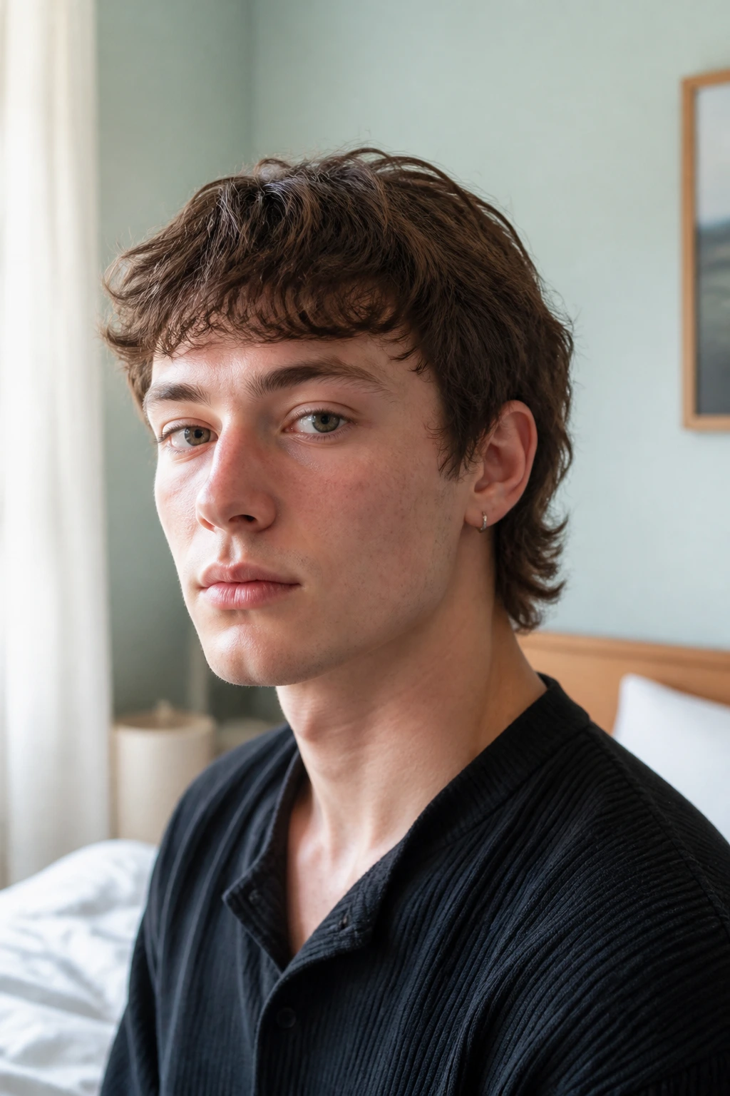 Real person with a subtle minimalist wave mullet in a sunlit room