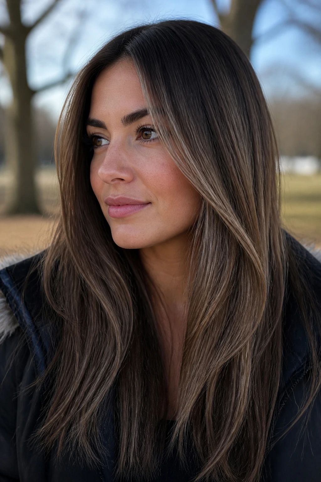 Close-up of a real woman with mink brown base and beige lights on straight hair