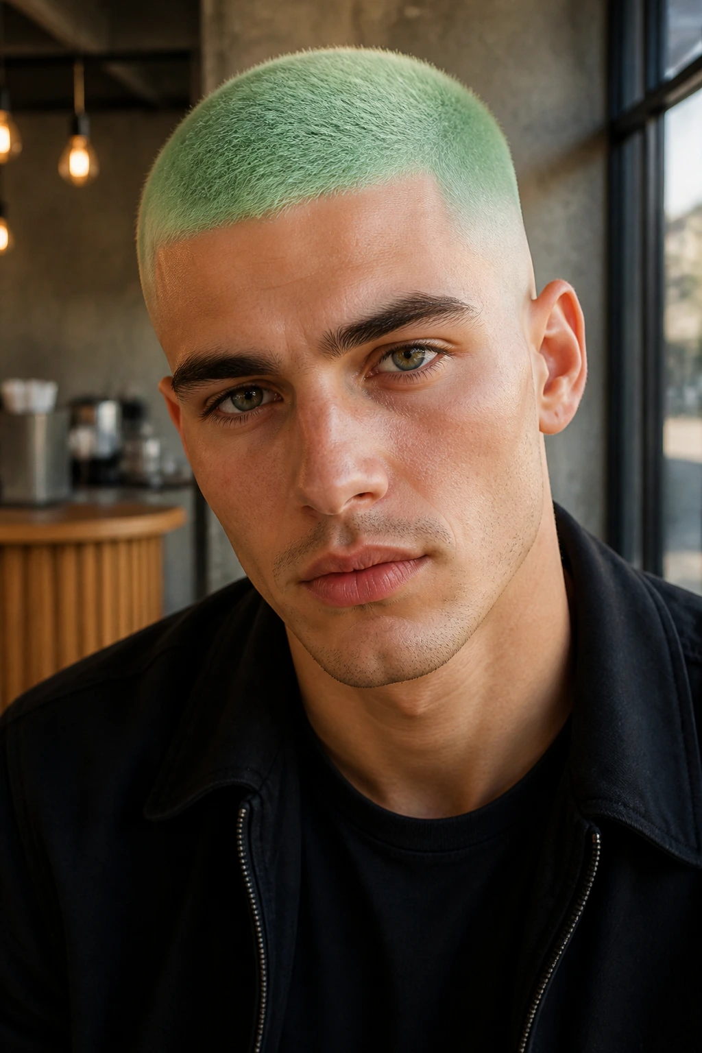 Close-up of real man with mint green buzz cut hairstyle in cafe setting