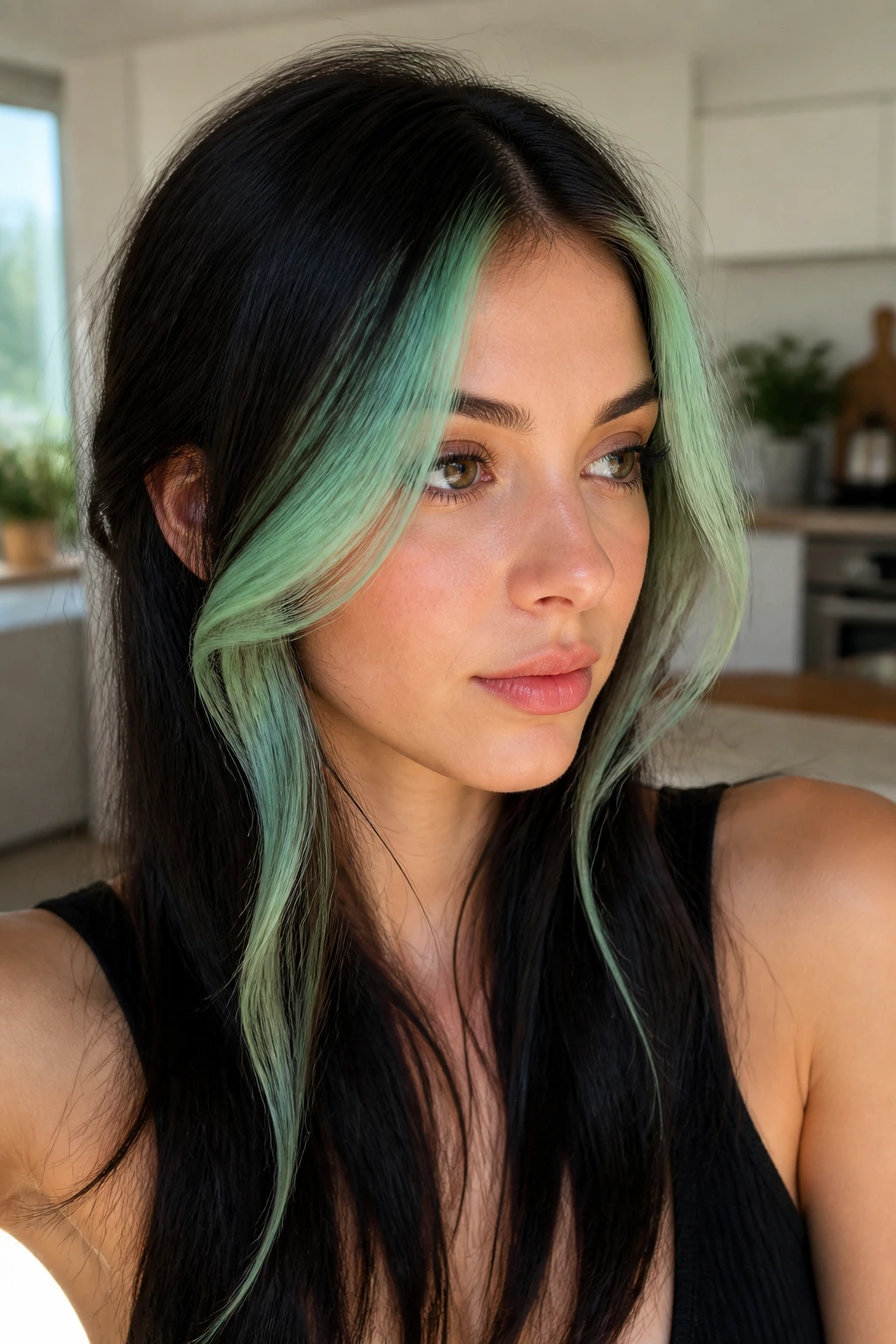 Portrait of a real woman with mint face-frame highlights framing her face
